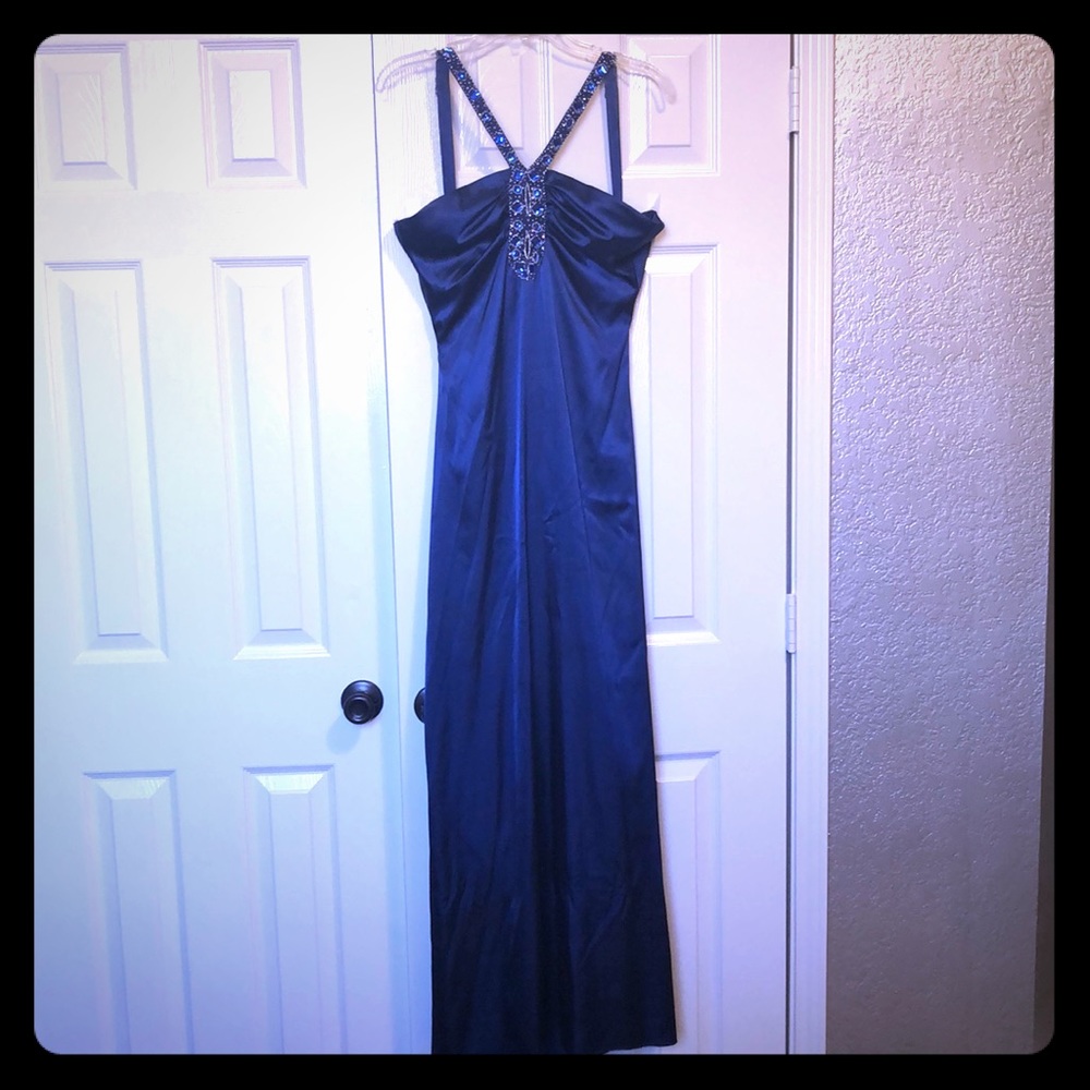 Floor length blue formal dress